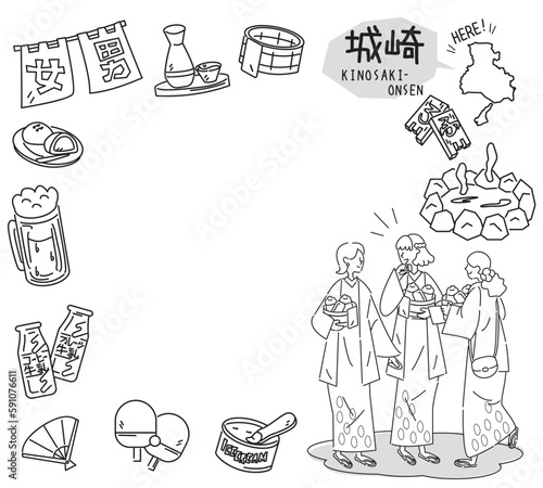 日本の兵庫の城崎温泉と温泉のアイコンと浴衣を着た女友達のセット（線画白黒）