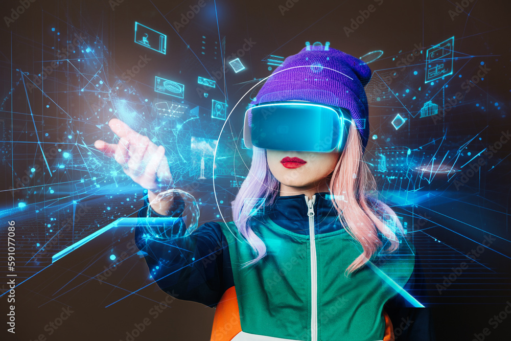 Concept of stylish woman in VR glasses with future interface on dark background Concept of stylish woman in VR glasses with future interface on dark background