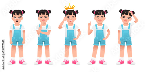 A little beautiful girl stands in sadness, wonders, thinks about something, points to something, with a crown on her head. Cute white baby stands in different poses. Girl