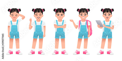 A little beautiful girl stands dissatisfied with her arms crossed, with a backpack, a gesture of approval, in sadness, with a tablet in her hand. Girl in full growth. Cute white baby