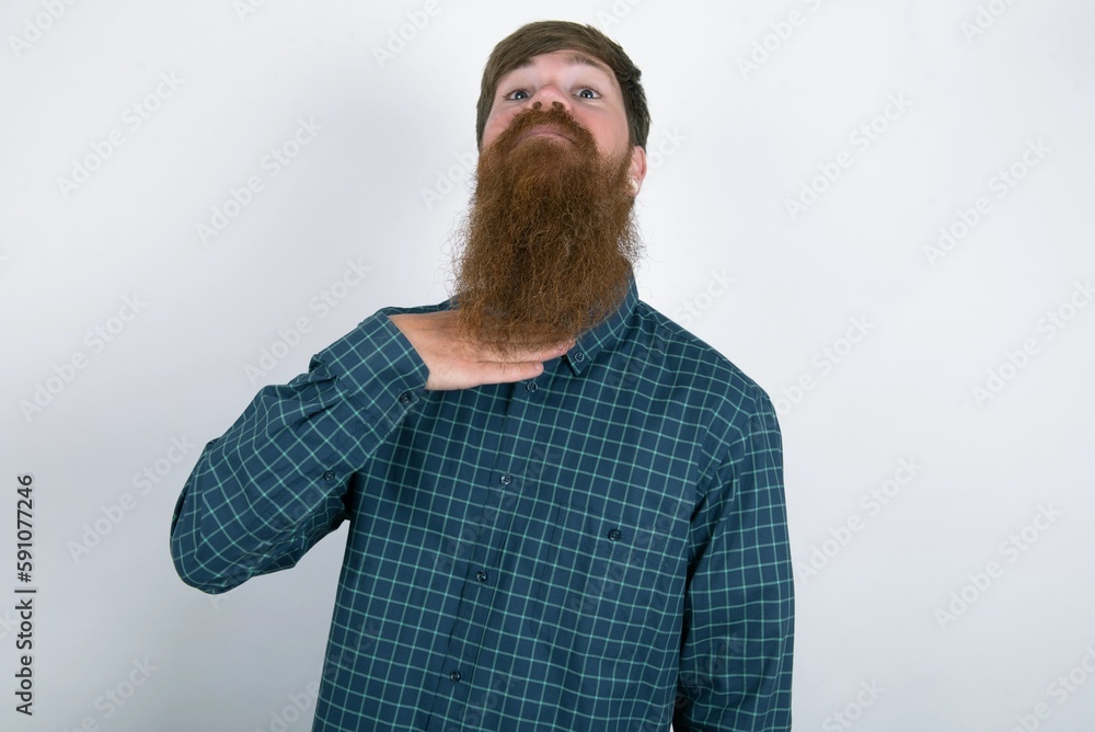 Fototapeta premium red haired man wearing plaid shirt over white studio background cutting throat with hand as knife, threaten aggression with furious violence.