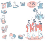 日本の岐阜の下呂温泉と温泉のアイコンと浴衣を着た女友達のセット（線画優しいカラー）