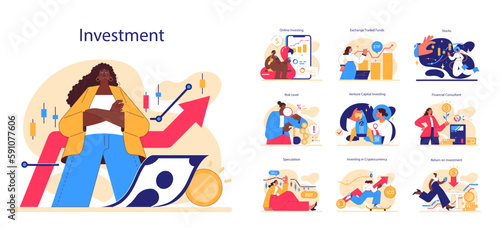 Investment and finance growth set. Young female character investing