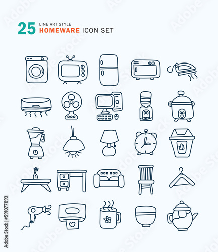 Set of Homeware icons freehand line art style