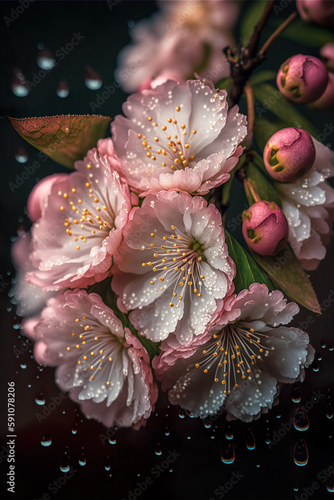 Sakura Flowers Covered With Raindrops On Dark Background - Generative AI