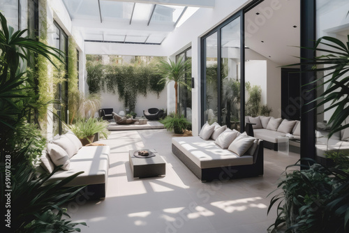Luxury Living Outdoor Space Interior design of a lavish side outside garden at morning, generative AI
