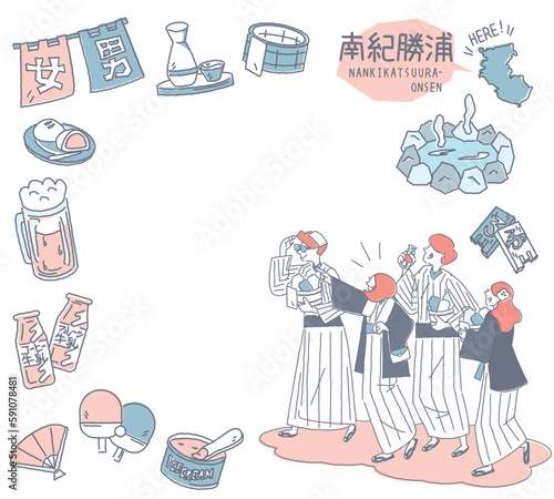 日本の和歌山の南紀勝浦と温泉のアイコンと浴衣を着た外国からの観光客のセット（線画優しいカラー）