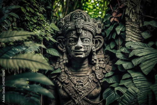 an old stone statue stands in the jungle created with Generative AI technology