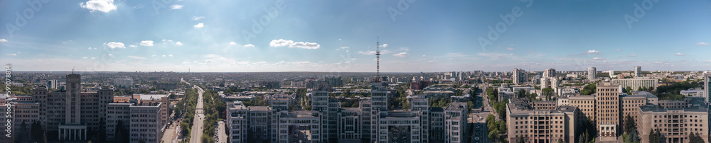 Aerial panorama of Derzhprom and Karazin National University buildings on Freedom Square in Kharkiv, Ukraine