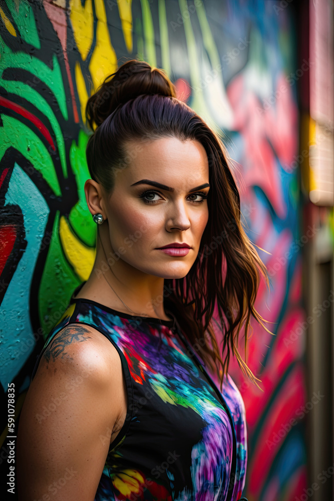 Obraz premium young pretty woman wears a colorful top, she stands in front of a colorful painted wall created with Generative AI technology