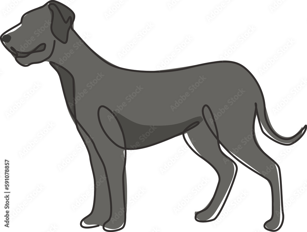 Single one line drawing of gallant great dane dog for security company logo identity. Purebred dog mascot concept for pedigree friendly pet icon. Modern continuous line draw design vector illustration