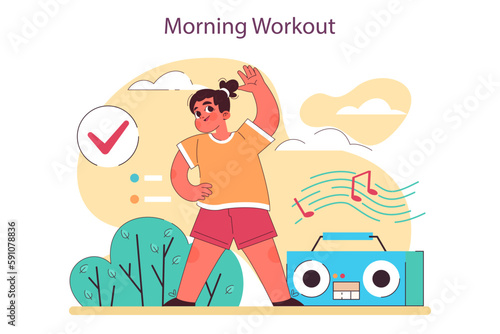 Schoolchild schedule and everyday routine. Little girl doing morning