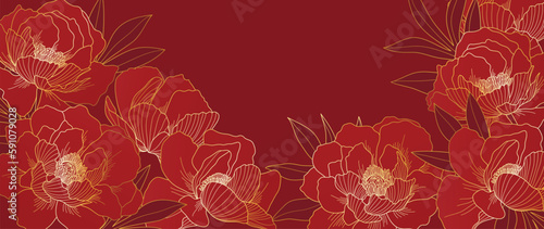 Luxury oriental flower background vector. Elegant peony flowers and leaves golden line art on red background. Floral pattern design illustration for decoration, wallpaper, poster, banner, card.