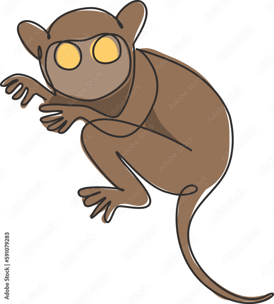 Obraz premium One continuous line drawing of cute tarsier for company logo identity. Little monkey with big eyes mascot concept for national zoo icon. Modern single line draw design graphic vector illustration