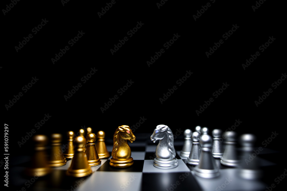 Strategic planning and leadership. Chess game on black and white background. Concept of business showing leadership, decision making, brainstorming with copy space for text.