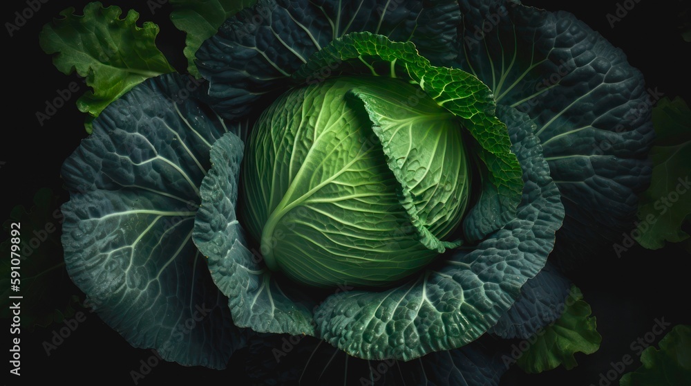 Obraz premium Raw head of cabbage. Closeup fresh green cabbage. Generative AI.