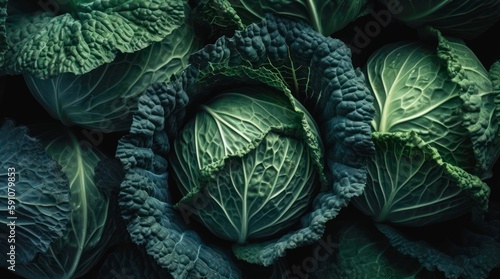 Raw head of cabbage. Closeup fresh green cabbages. Generative AI.