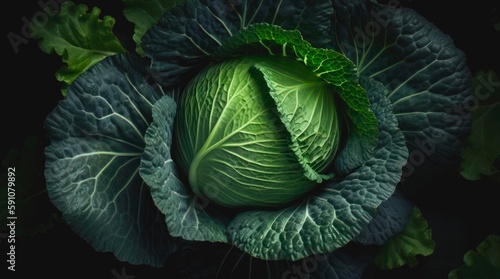 Raw head of cabbage. Closeup fresh green cabbage. Generative AI.