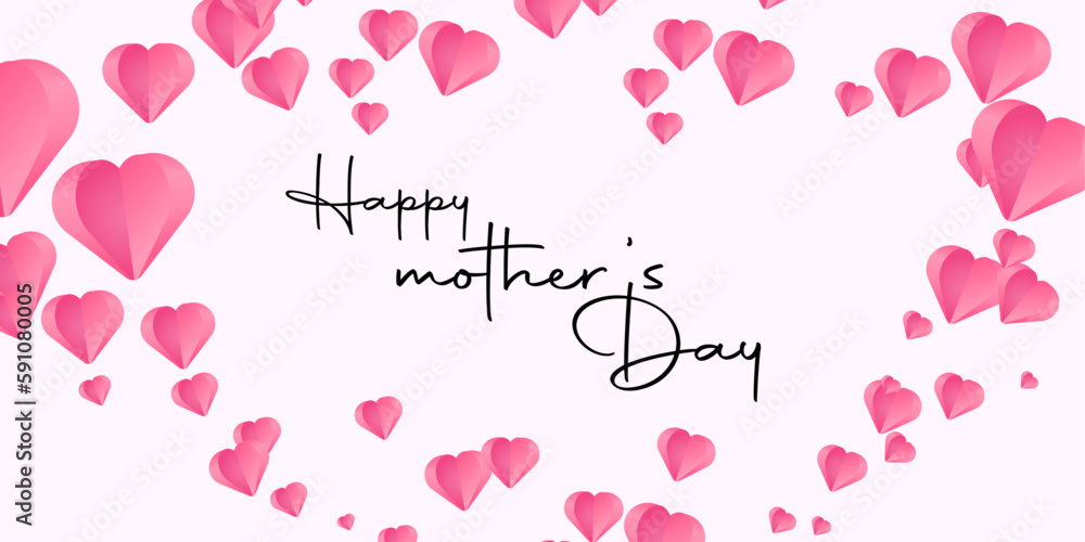 Mother's day greeting card. Vector banner with flying pink Heart Shaped Balloons.