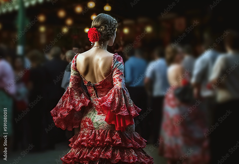 Fototapeta premium .Young woman wearing traditional flamenco dress at Seville April Fair (Feria de Abril de Sevilla). Generative Ai
