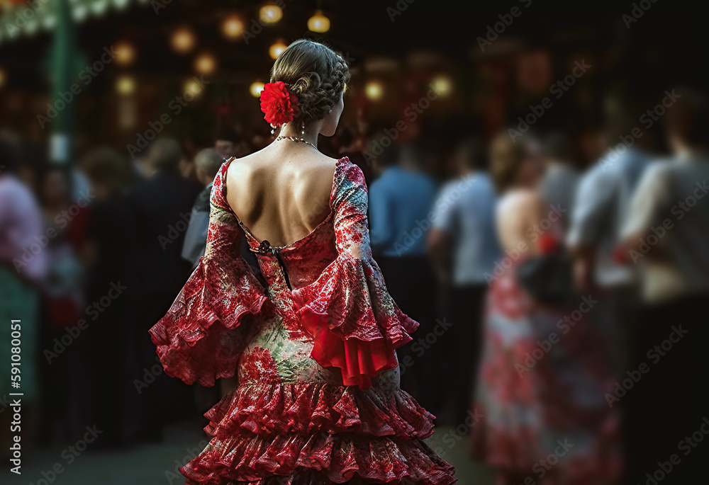 .Young woman wearing traditional flamenco dress at Seville April Fair (Feria de Abril de Sevilla). Generative Ai