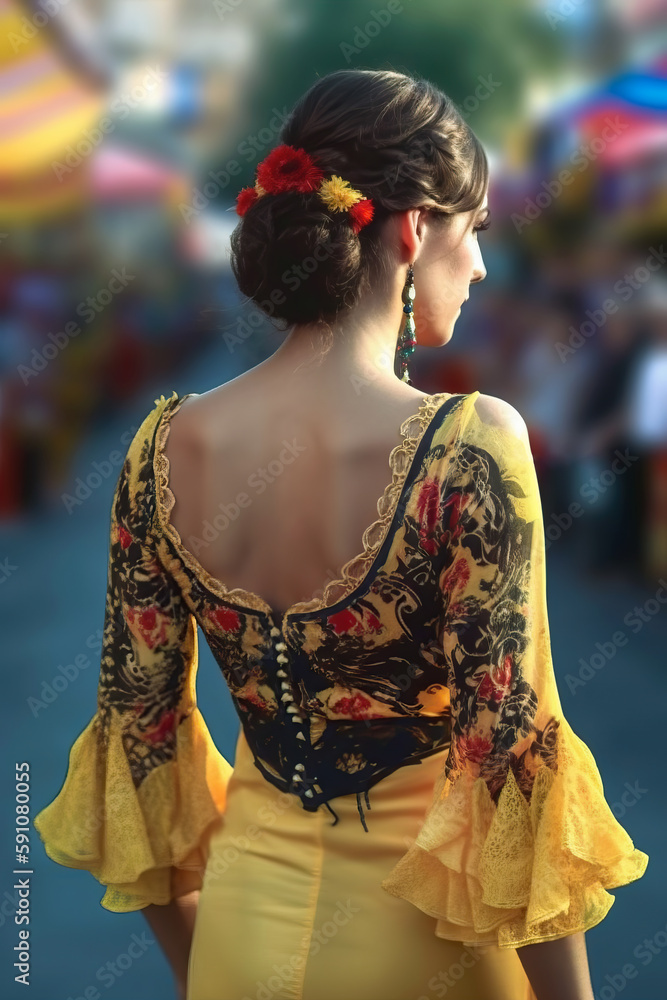 Attractive woman in traditional dress at the April Fair, Seville Fair (Feria de Sevilla). Seville April Fair. Generative Ai