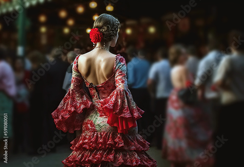 .Young woman wearing traditional flamenco dress at Seville April Fair  Feria de Abril de Sevilla . Generative Ai