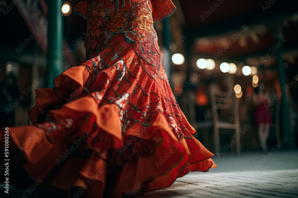 Naklejka premium Close up of traditional flamenco dress at Seville April Fair (Feria de Abril de Sevilla). Generative Ai