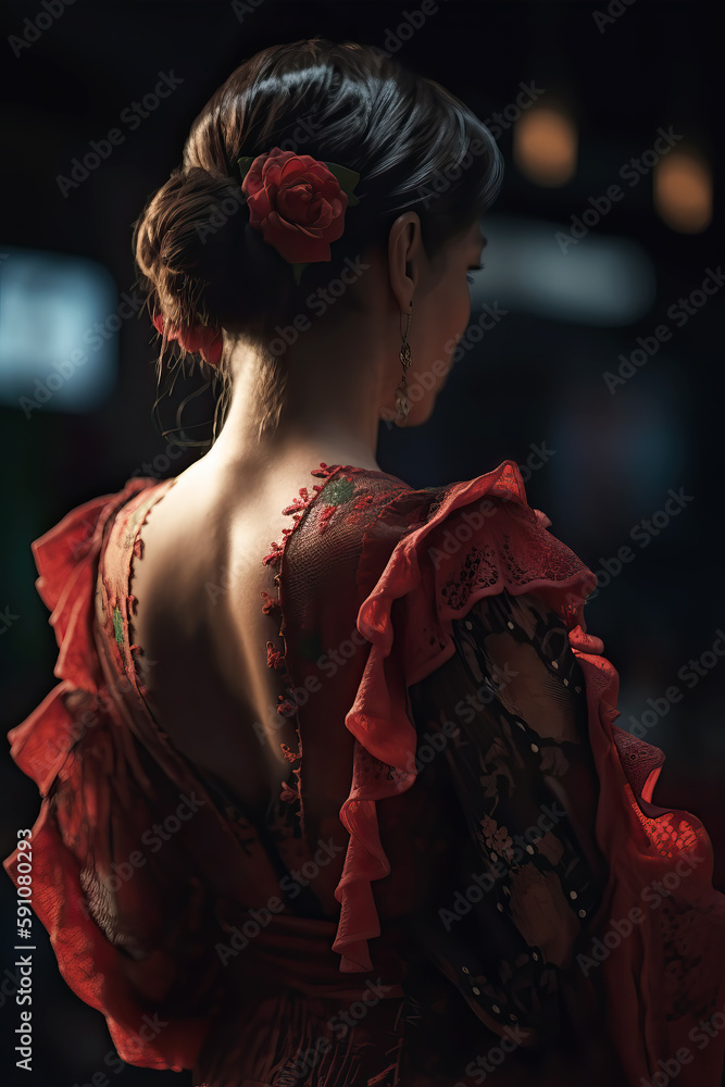 Obraz premium Beautiful woman in traditional and colorful dress at the Seville April Fair (Feria de Abril de Sevilla). Generative Ai