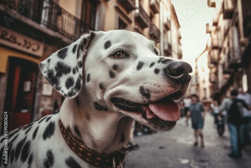 Illustration of a Dalmatian dog relaxing on a busy city street  surrounded by people and buildings created with Generative AI technology