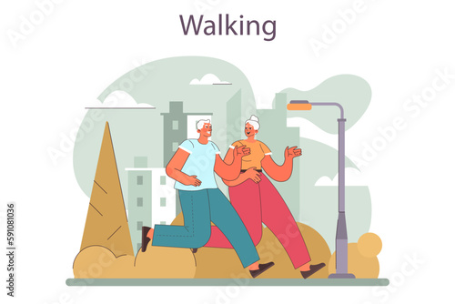 Elder characters walking in the park. Active senior man and woman