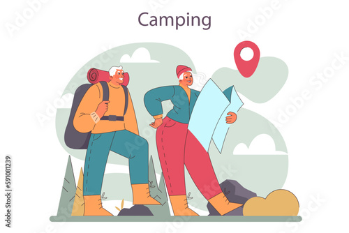 Elder characters camping together. Mountain travel with trekking