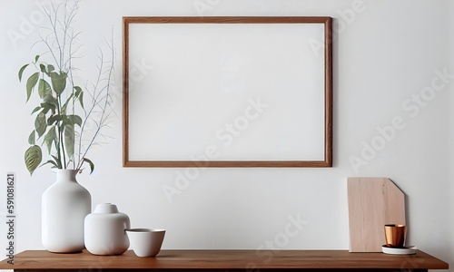 Blank wooden picture frame mockup on wall in modern interior. template mock up for artwork, painting, photo or poster in interior design. Ai generative © Lucky Ai