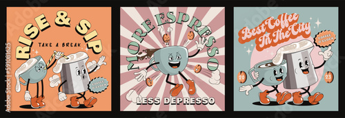 Set of Retro posters with mascot cups of hot drink, cappuccino, latte, espresso in trendy vintage cartoon style. Coffee characters in 60s, 70s old animation style. Vintage comic cafe mascots. 