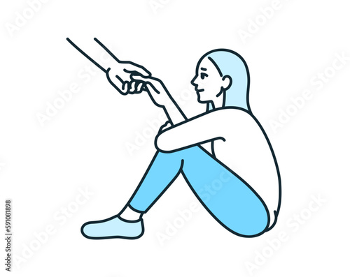 差し伸べられた手を握る女性。暗闇から一歩抜け出すイメージのイラスト素材。