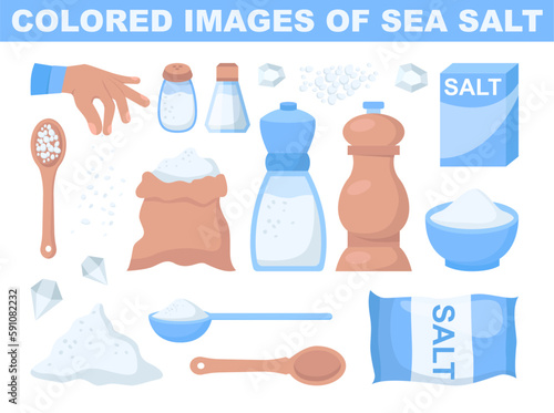 Sea salt set. Spice or seasoning packaging. Glass pots, bottles, spoon
