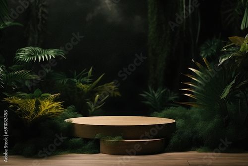 Elevating Your Product Display  Professional Photography of an Empty Space Mockup Podium with a Jungle-Themed Nature Background for a Stunning Visual Impact