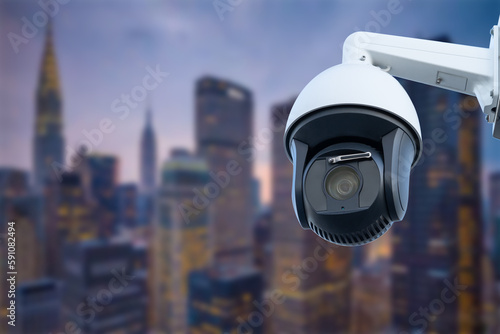 CCTV monitoring, security cameras. Backdrop with views of the city during twilight.