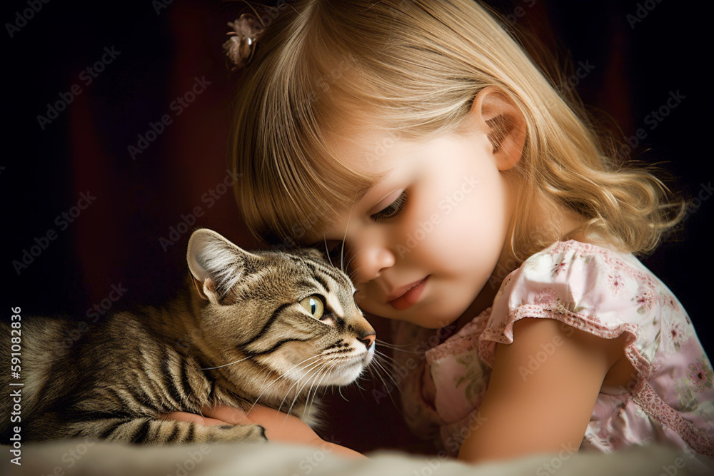 Little girl and cat. Child hugging a cat. Best friends. Digital ai art