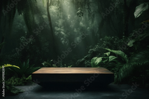Elevating Your Product Display: Professional Photography of an Empty Space Mockup Podium with a Jungle-Themed Nature Background for a Stunning Visual Impact