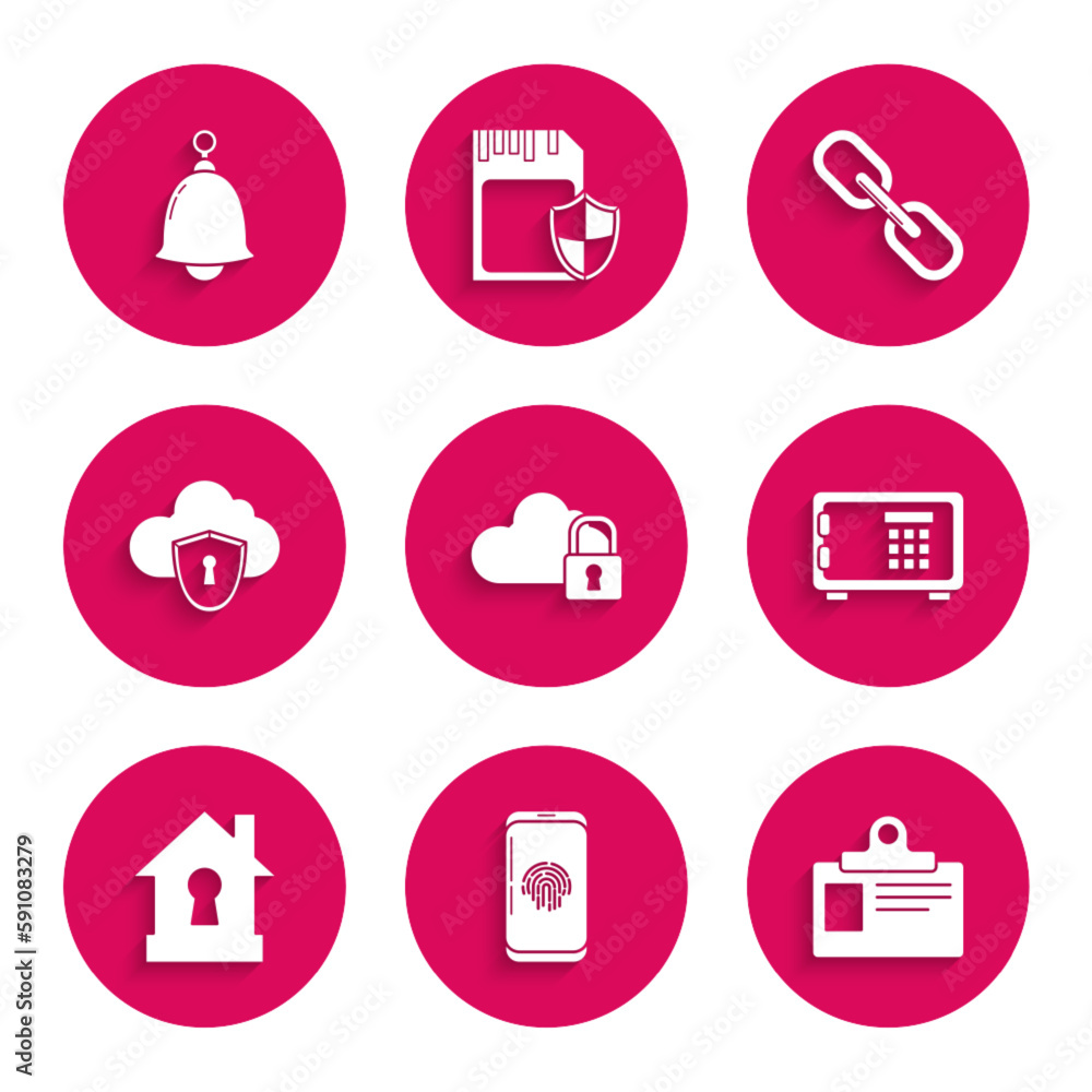 Set Cloud computing lock, Smartphone with fingerprint scanner, Identification badge, Safe, House under protection, and shield, Chain link and Ringing bell icon. Vector Set Cloud computing lock, Smartphone with fingerprint scanner, Identification badge, Safe, House under protection, and shield, Chain link and Ringing bell icon. Vector