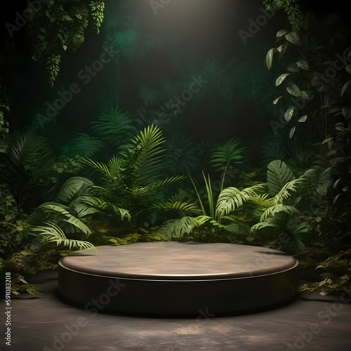 Elevating Your Product Display: Professional Photography of an Empty Space Mockup Podium with a Jungle-Themed Nature Background for a Stunning Visual Impact © aprilian