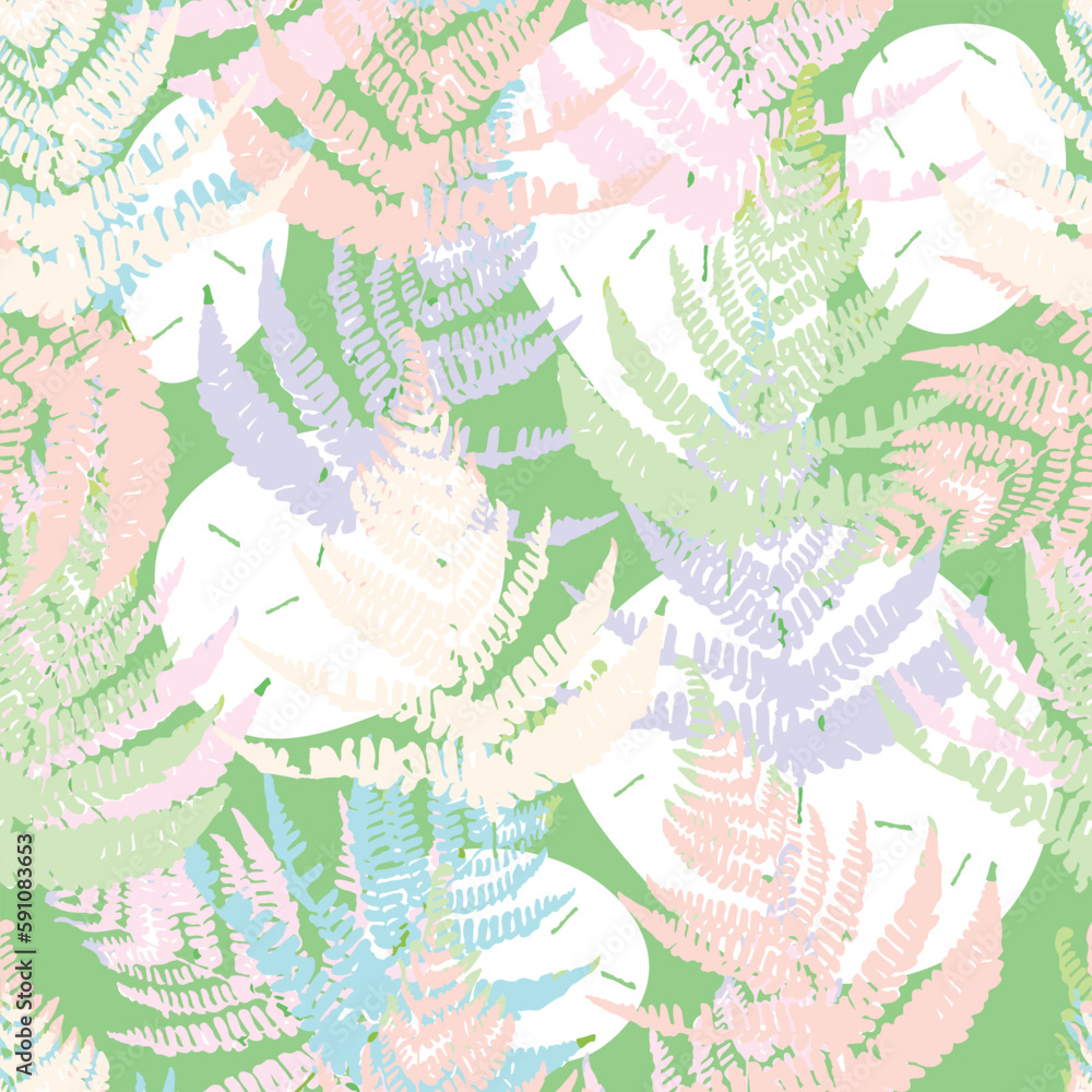 seamless mixed hand drawn fern leaves stamp pattern on green background