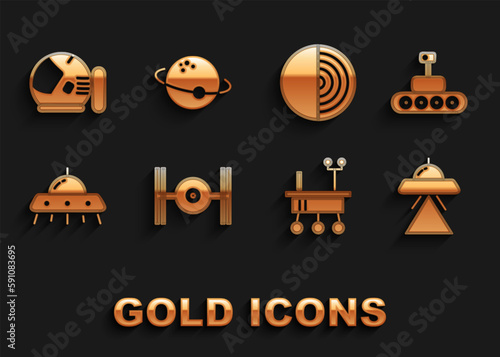 Set Cosmic ship, Mars rover, UFO flying spaceship, Earth structure, Astronaut helmet and Planet icon. Vector