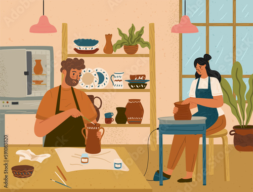 Clay handicraft workshop vector illustration. Men and women making ceramic jugs and pots at pottery workshop. People enjoying their craft hobby. Ceramic oven, klin, pottery wheel