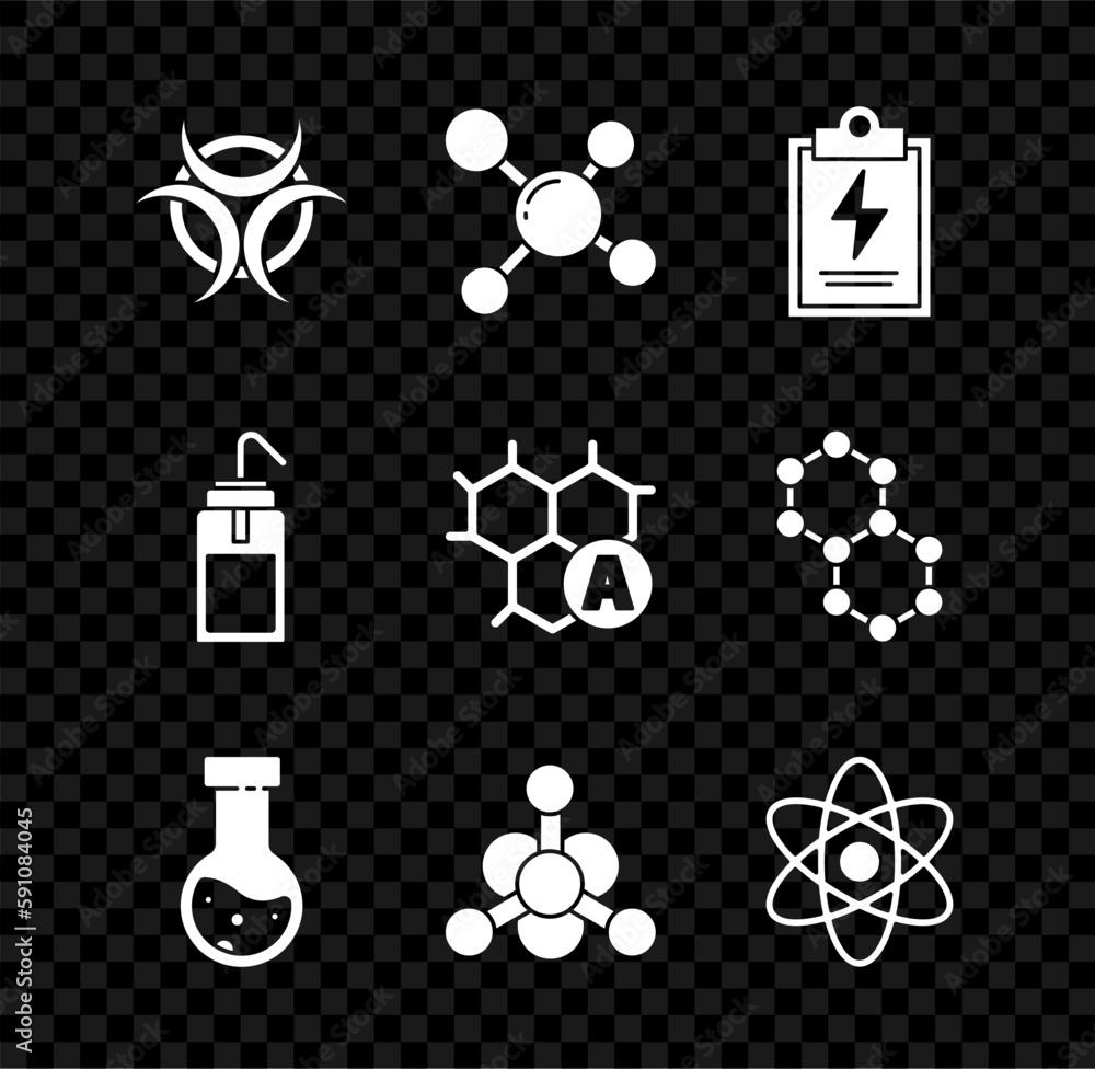Set Biohazard symbol, Molecule, Laboratory clipboard with checklist, Test tube and flask chemical, Bacteria, Atom, wash bottle and Chemical formula icon. Vector Set Biohazard symbol, Molecule, Laboratory clipboard with checklist, Test tube and flask chemical, Bacteria, Atom, wash bottle and Chemical formula icon. Vector