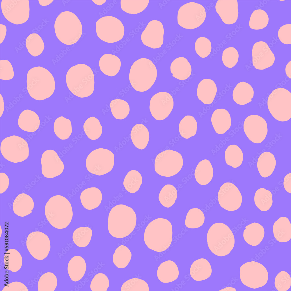 Seamless neutral polka dots pattern. Pink hand-drawn circles on violet background. Abstract Random points ornament. Vector doodle illustration for wallpaper, fabric, print, wrapping paper, textile Seamless neutral polka dots pattern. Pink hand-drawn circles on violet background. Abstract Random points ornament. Vector doodle illustration for wallpaper, fabric, print, wrapping paper, textile