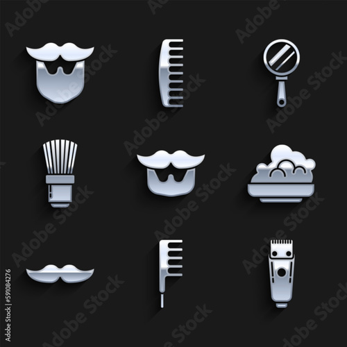 Set Mustache and beard, Hairbrush, Electrical hair clipper or shaver, Shaving gel foam, Hand mirror and icon. Vector