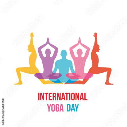 Vector illustration of Yoga day greeting card. Group of people practicing yoga. International yoga day background.