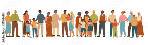 Diverse group of people isolated on white background, vector illustration. People of different race and nations standing together. Multiethnic and multicultural community. Multiracial family